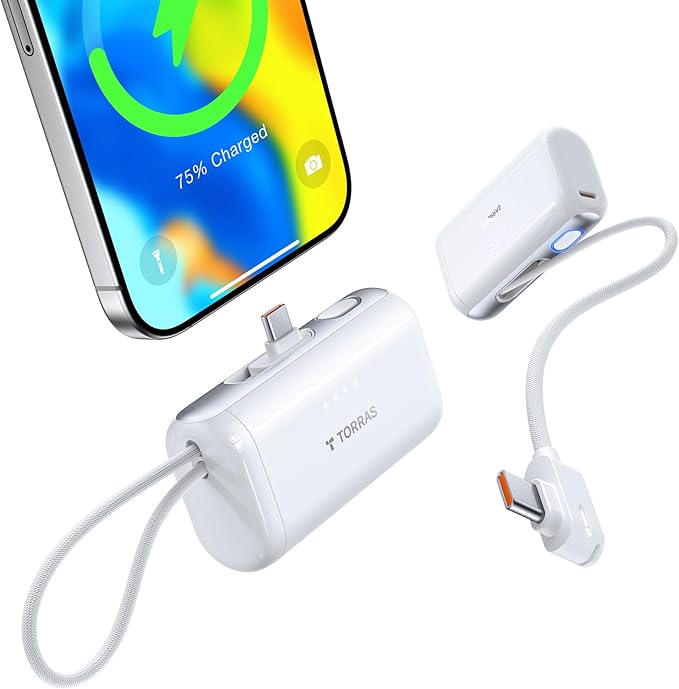 TORRAS iPhone 16 Portable Charger, 5000mAh 22.5W Power Bank with Built-in USB-C Cable, Fast Charge Battery Pack for iPhone 17/16/15, Galaxy S25, Google for Travel Outdoor Hiking Backup Battery, White