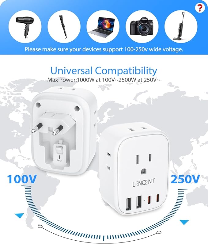 2 Pack European Travel Plug Adapter, LENCENT US to Europe Type-C Foldable Power Plug with 4 Outlets 4 USB Ports (2 USB C), Power Adaptor for USA to EU Euro Iceland Spain Italy France Germany Greece