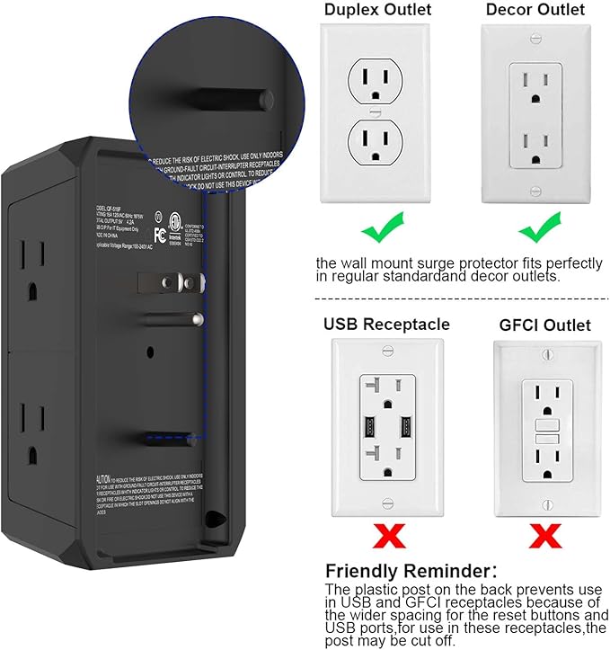 Multi Outlet Extender Surge Protector - POWERIVER Multi Plug Wall Outlet with 5 AC Outlets and 4 USB Ports(2USB C), 1680 Joules, Outlet Splitter for Home School Office, ETL, Black