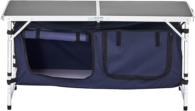VEVOR Camping Kitchen Table, Folding Outdoor Cooking Table, 3 Adjustable Height, Aluminum Lightweight Portable Cook Station with Storage Organizer, Carry Handle, for BBQ Party Picnic RV Travel, Blue