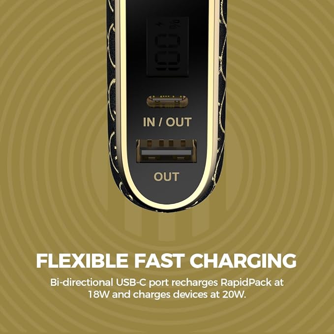 Halo RapidPack 10K DLX Power Bank | USB & USB-C Fast Charging for Multiple Devices, Smart Phones & Tablets, Synthetic Leather Wrapped, Portable Battery Charger, TSA Air Travel Approved — Gold