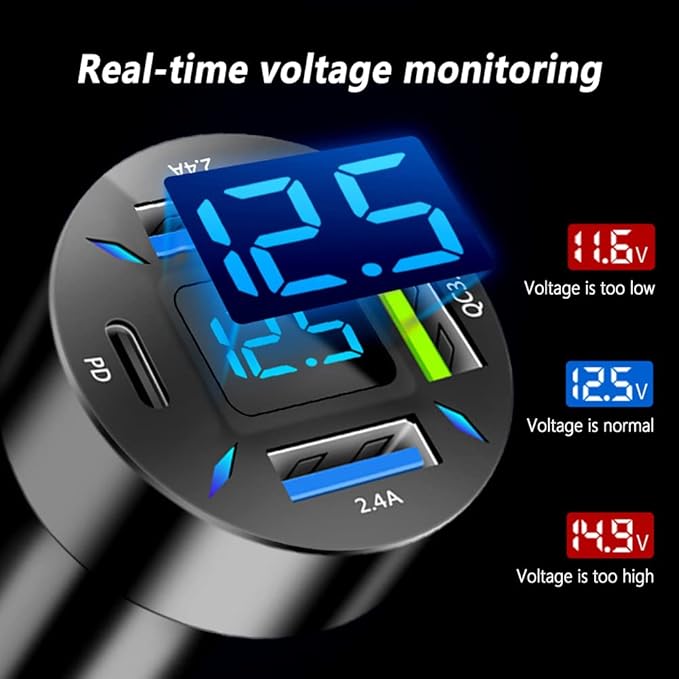 Car Charger 66W Super Fast Charging with USB C&QC 3.0(Voltmeter&LED Lights) Universal Quick Charge for 12-24V Car Cigarette Lighter Plug,Compatible with iPhone 14 13,S22,iPad(2Pcs-Black-QC/PD/2.4A)
