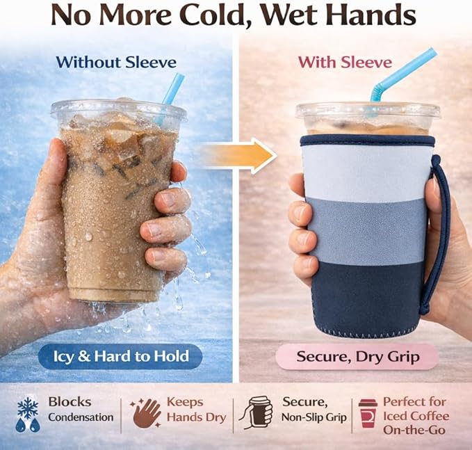 KJQJLY 3 Pack Reusable Iced Coffee Sleeves for Iced Coffee Cups or Drinks Reusable Neoprene Insulated Sleeves for Hot and Cold Drinks from Starbucks, Dunkin, And More (Navy Blue)