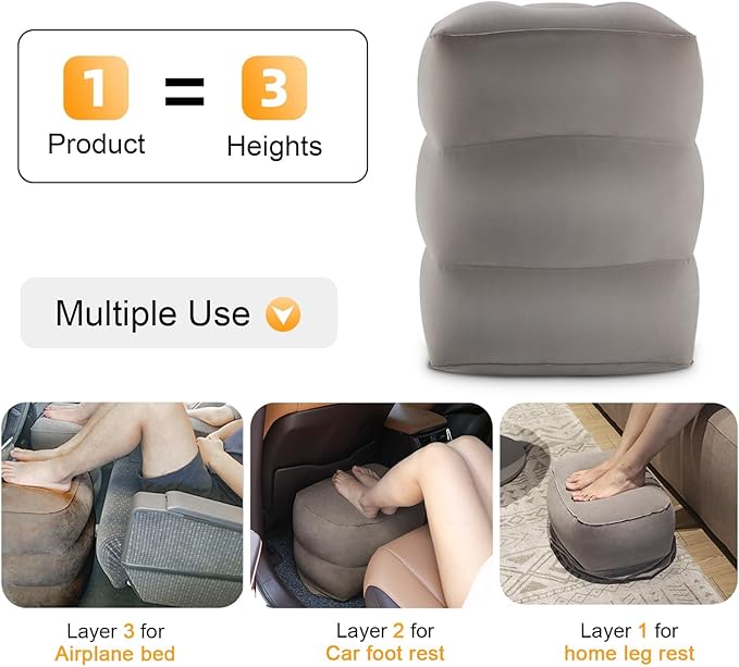 Inflatable Foot Rest/Leg Pillow | Adjustable Height | Make a Flat Bed for Kids and Toddlers | Great for Airplane, Train, car,Travel （Grey, 2 Pack）