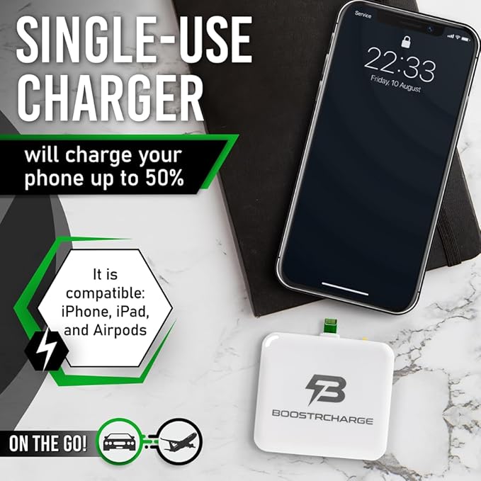 3-Pack Single-Use Emergency Phone Charger | Dead Phone? Just Plug in — No Cables Needed | Lightning | Pre-Charged | TSA-Approved