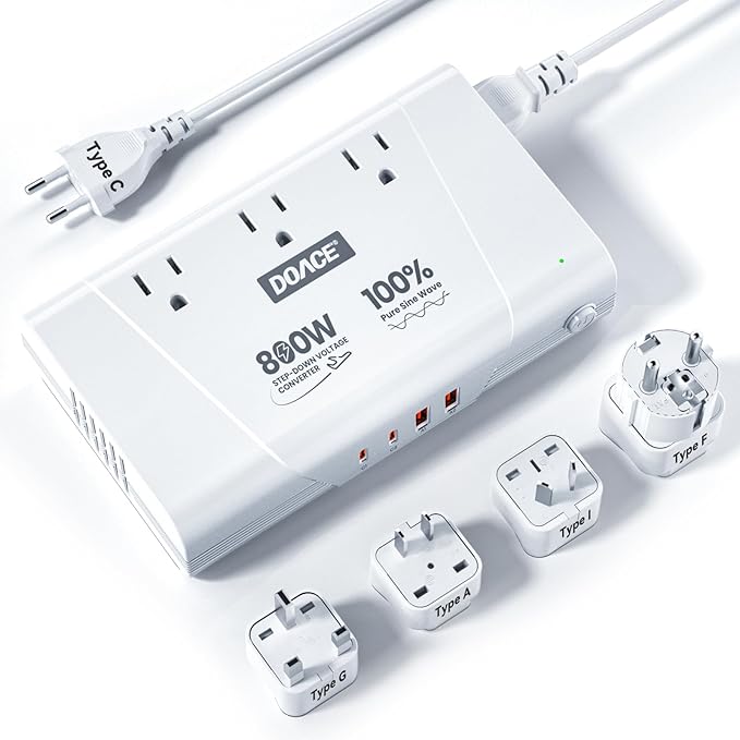 DOACE 800W Pure Sine Wave Voltage Converter US to Europe - 220V to 110V Converter for European Travel, Power Converter Adapter Combo with 35W PD and 30W QC USB Chargers for Using U.S. Devices Abroad