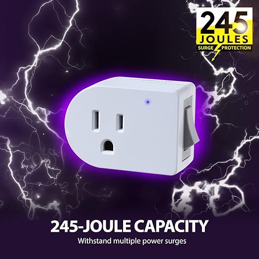 Fosmon Grounded Outlet with ON/Off Switch (2 Pack), 3 Prong Electrical Plug Outlet Extender Switch, 245J Single Port Power Adapter Surge Protector, 15A Circuit Breaker, White, ETL Listed