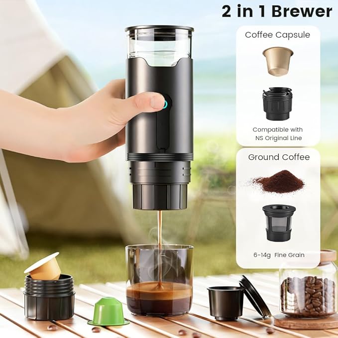 HomeBeyond Portable Electric Espresso Machine, Travel Coffee Maker with Rechargeable Battery, Compatible with Ground Coffee & Capsules (American K-cup & Italian N) for Travel, Camping, Car & Office