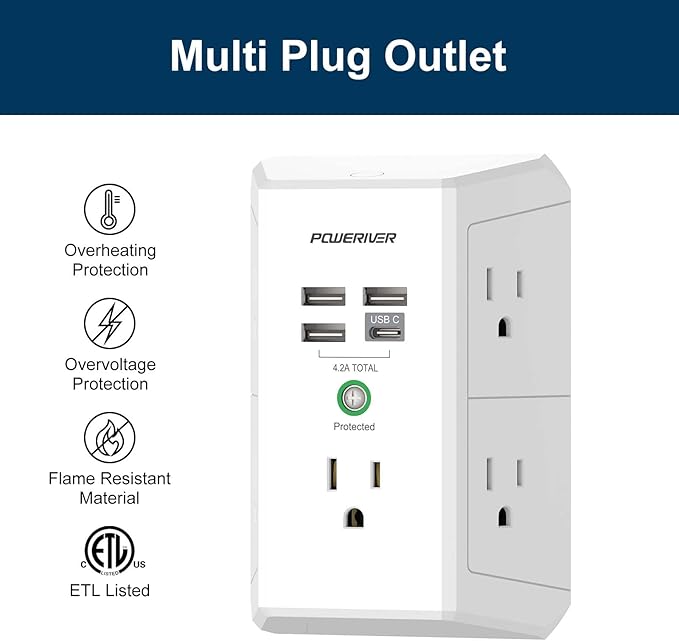 USB Wall Charger, POWERIVER Multi Outlet Extender Surge Protector with 4 USB Ports, 1680J Wall Outlet Adapter Spaced for Home School Office, ETL Listed, White
