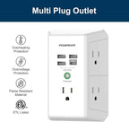 USB Wall Charger, POWERIVER Multi Outlet Extender Surge Protector with 4 USB Ports, 1680J Wall Outlet Adapter Spaced for Home School Office, ETL Listed, White
