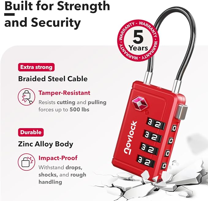 Luggage Locks TSA Approved with Inspection Indicator and Resettable 4-Digit, Easy-to-Read Combination, TSA Locks for Luggage, Suitcases, Backpacks & Travel Bags, Red, 2-Pack