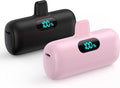 [2 Pack] Small Portable Charger for iPhone14/13, 5000mAh PD Fast Charging Power Bank, LCD Display Cute Mini Battery Pack Compatible with iPhone 14/14 Pro Max/13/13 Pro/12 Pro/11/XR/X/8-Black+Pink