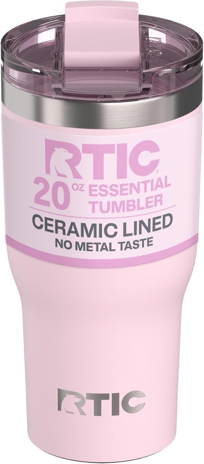 RTIC 20oz Essential Tumbler with Lid, Ceramic Lined, Insulated, Stainless Steel, Metal, Double Wall Vacuum-Insulation, Travel Cup for Iced Coffee, Tea, Hot and Cold Drink, Pale Pink
