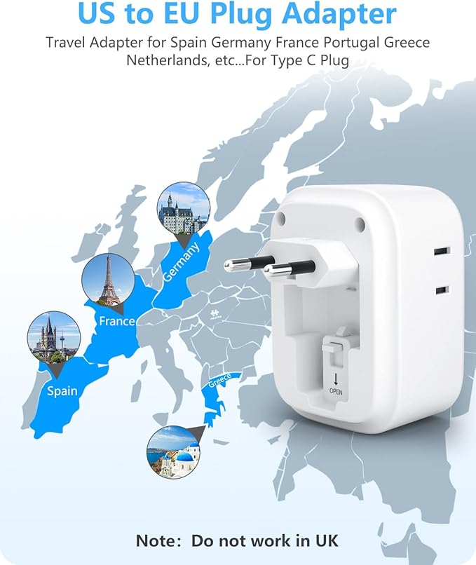 2 Pack European Travel Plug Adapter, LENCENT US to Europe Type-C Foldable Power Plug with 4 Outlets 4 USB Ports (2 USB C), Power Adaptor for USA to EU Euro Iceland Spain Italy France Germany Greece