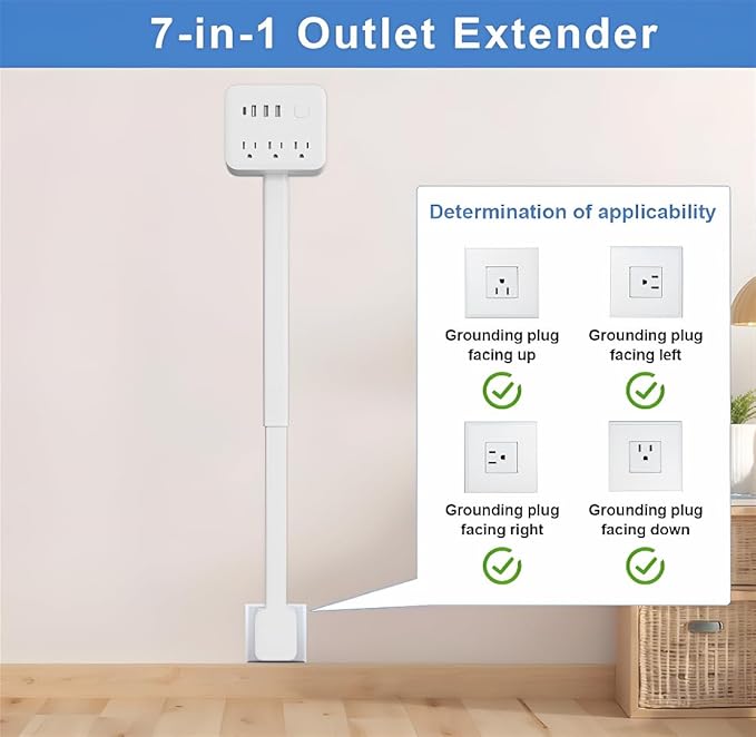 Electrical Outlet Extender Features USB-A,USB-C,2 AC Outlets,Wall Power Socket Expander Stick,Extendable Rotating Electric Outlet Plug Adapter Nightstands,Sofa,Desks and More Hard to Reach Space (A01)
