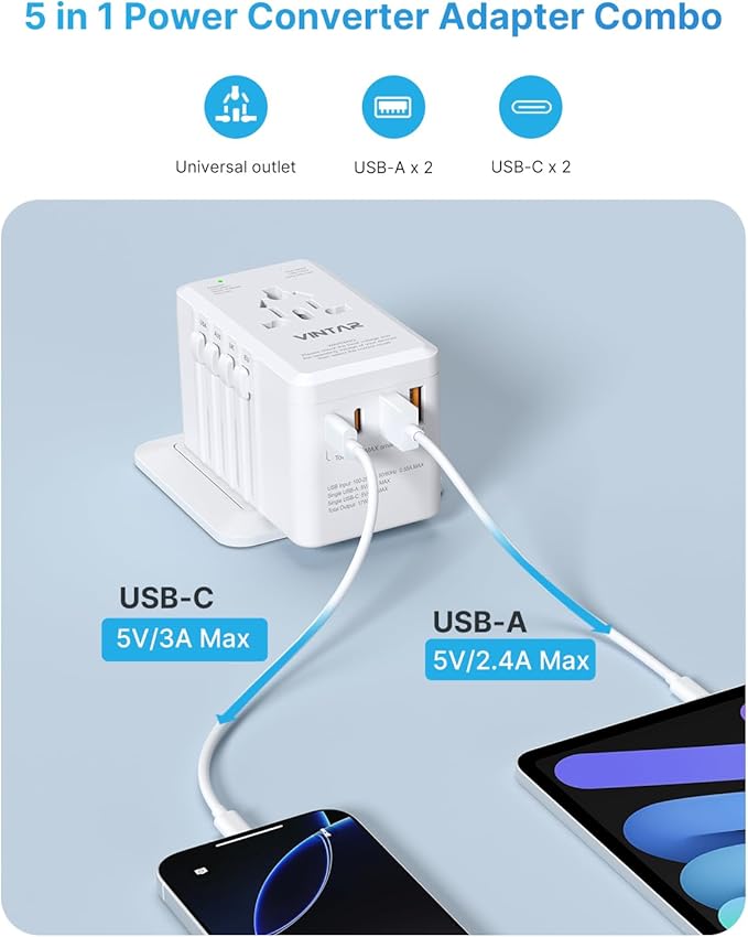 220V to 110V Travel Voltage Converter US to Europe, VINTAR 2000W International Universal Travel Adapter with 4 USB Ports (2 USB C), Step Down Power Converter Adapter Combo for EU UK US AUS