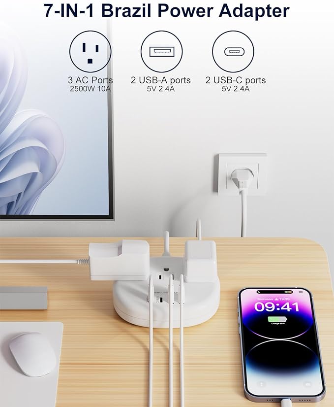 Brazil Power Adapter, Outlet Adapter for Brazil with 3 American Outlets 4 USB Ports (2 USB-C) Total 24W, Type N Plug Adapter for USA to Brazil, 3FT
