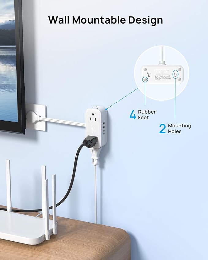 TROND Outlet Extender with 6 Inch Cord, Flat Plug Adapter with 4 Electrical Sockets and 4 USB Ports, Wall Mountable, Multi Plug Wall Outlet for Home Office Travel Dorm, Cruise Ship Essentials, White