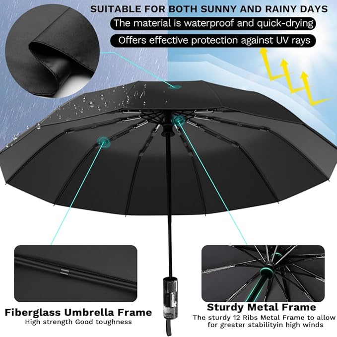 YINBAOGE Compact Travel Umbrella, Automatic Folding Windproof 12 Ribs, 42 Inch Canopy with UV Protection, Durable Lightweight Portable Parasol for Rain & Sun, Fits Car, Backpack, Men & Women