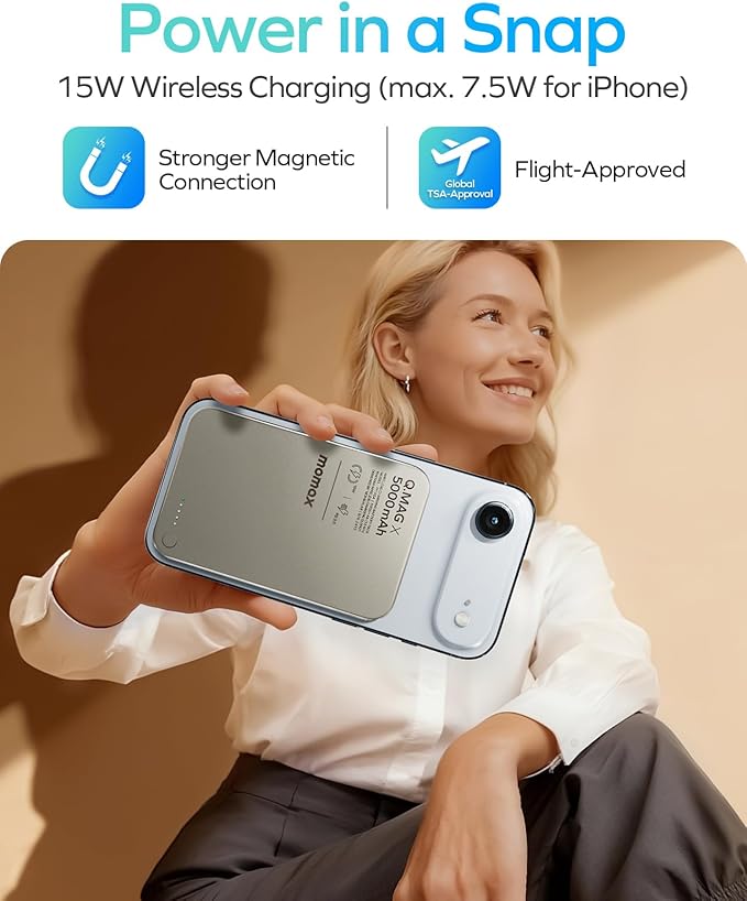 MOMAX Magnetic Wireless Power Bank 5000mAh, Ultra-Slim 0.3" MagSafe-Compatible Portable Charger, 20W USB-C PD Fast Charging, for iPhone 17/16/15/14/13/12 Series, Samsung Galaxy & Google Pixel