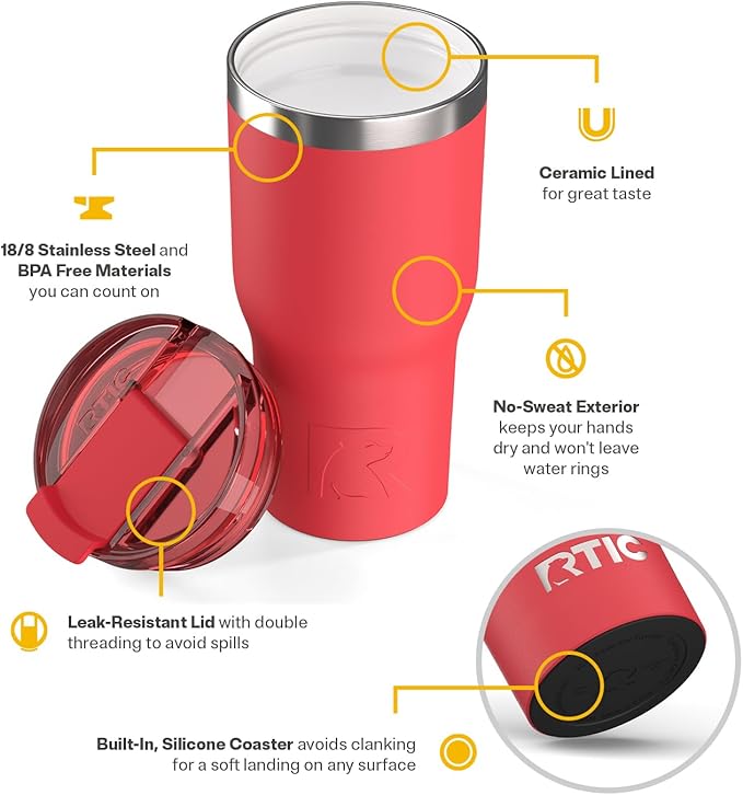 RTIC 20oz Essential Tumbler with Lid, Ceramic Lined, Insulated, Stainless Steel, Metal, Double Wall Vacuum-Insulation, Travel Cup for Iced Coffee, Tea, Hot and Cold Drink, Flag Red