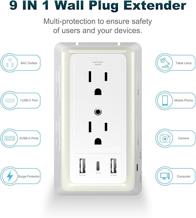 Outlet Extender with Night Light, Surge Protector Wall Mount with 6 AC Outlets and 3 USB Ports (1 USB C), Multi Plug Outlet Splitter, Dorm Room Essentials for Home, Office, Travel, FCC Listed