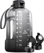 AQUAFIT 1 Gallon Water Bottle with Time Marker - Straw & Chug Lid - BPA Free Gym Water Bottle with Straw - Big Gallon Jug (Midnight Gray, 128 oz - 2 Lids)