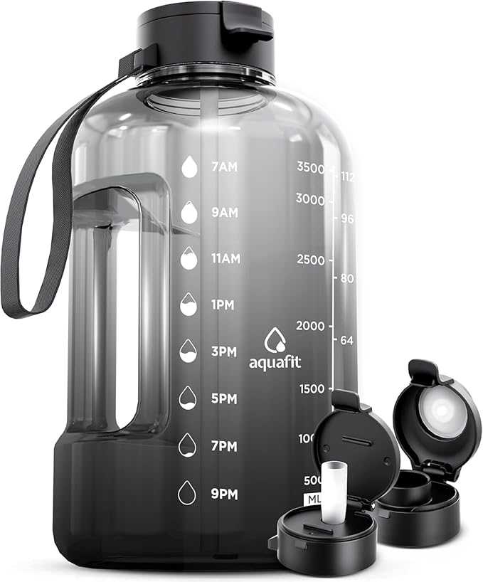 AQUAFIT 1 Gallon Water Bottle with Time Marker - Straw & Chug Lid - BPA Free Gym Water Bottle with Straw - Big Gallon Jug (Midnight Gray, 128 oz - 2 Lids)