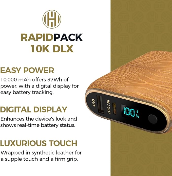 Halo RapidPack 10K DLX Power Bank | USB & USB-C Fast Charging for Multiple Devices, Smart Phones & Tablets, Synthetic Leather Wrapped, Portable Battery Charger, TSA Air Travel Approved — Gold