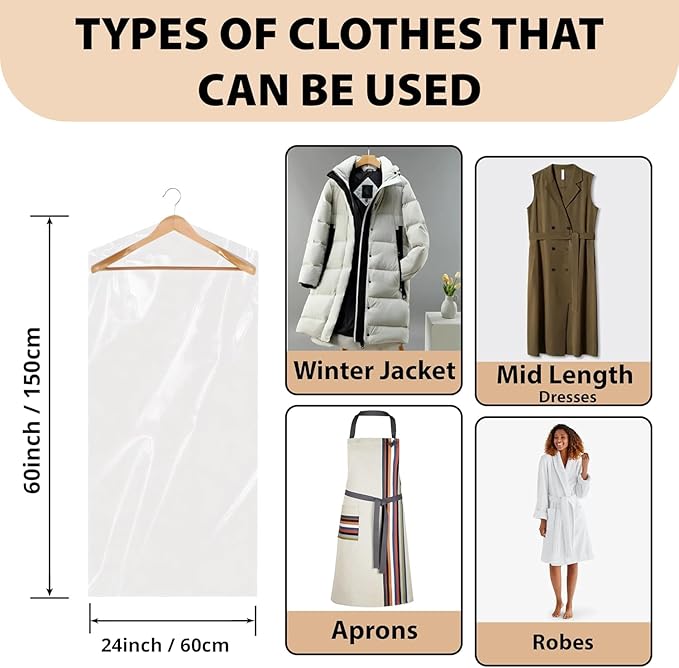 PARTY BARGAINS 60 x 24 Inch Disposable Clear Garment Bags, 50 Pack – Heavy-Duty Plastic Clothes Covers for Suits Dresses Coats, Closet & Travel