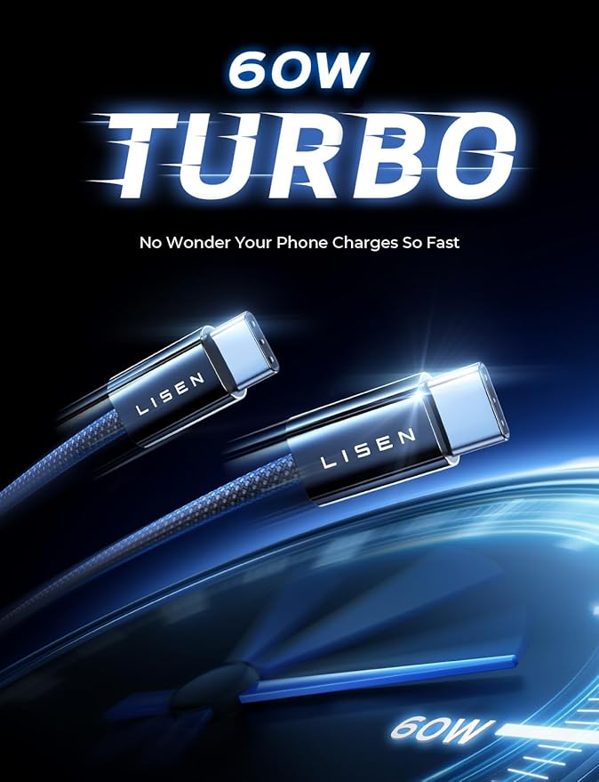 LISEN USB C Cable, 5-Pack [6.6FT] USBC to USBC Cable for iPhone 16e 15 Pro Max Charger Cord, 60W (3.1A) C to C Cable Fast Charging for Samsung S25/S24/23, Switch 2, iPad, MacBook,Black