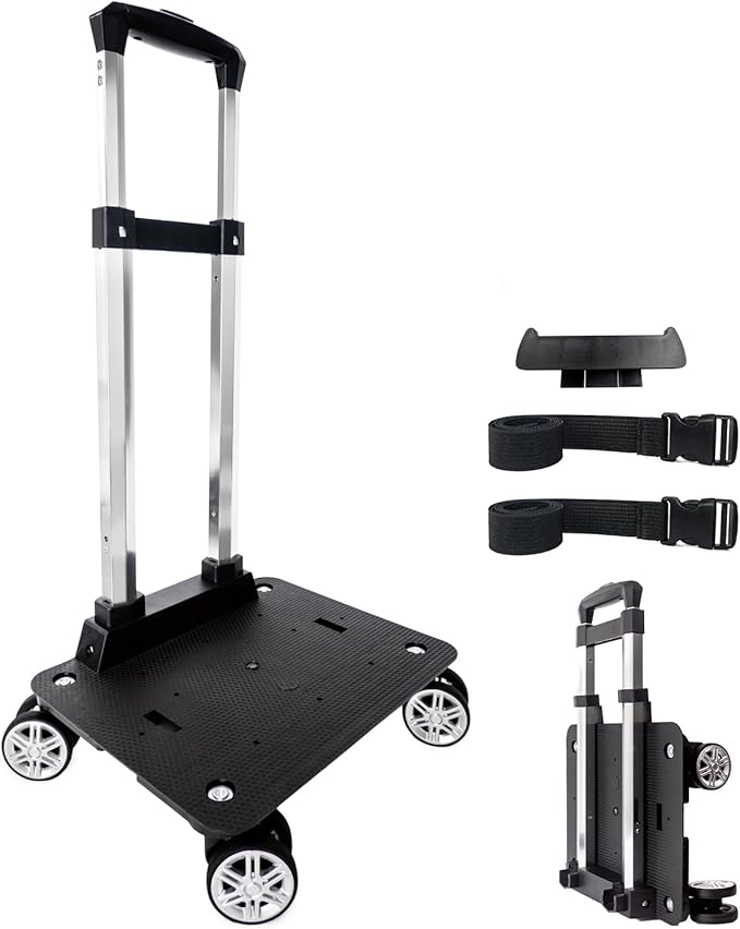 Backpack Trolley Wheeled Cart-Backpack Hand Truck with Luggage Strap,Aluminium Alloy Folding Trolley Cart for Bags Backpack Travel Luggage Cart