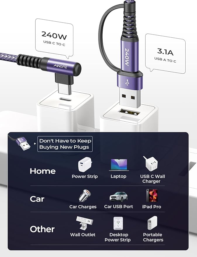 AINOPE 240W Long USB C Cable Multi 4 in 1 Charging Cable Fast Charging C Type Charger Fast Charge USB to USB C,Right Angle Fit iPhone 16 15 Pro Max iPad Samsung 10FT Purple