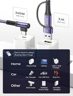 AINOPE 240W Long USB C Cable Multi 4 in 1 Charging Cable Fast Charging C Type Charger Fast Charge USB to USB C,Right Angle Fit iPhone 16 15 Pro Max iPad Samsung 10FT Purple