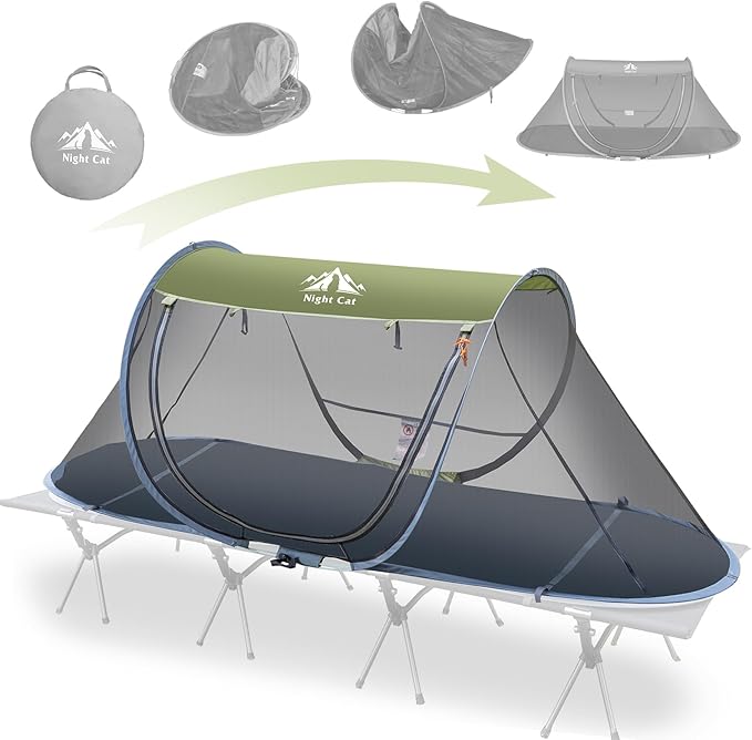 Night Cat Pop-up Mosquito Tent: 1 Person Camping Tent with Bug Screen Net Adults Fits for Camping Cot (Excluded)