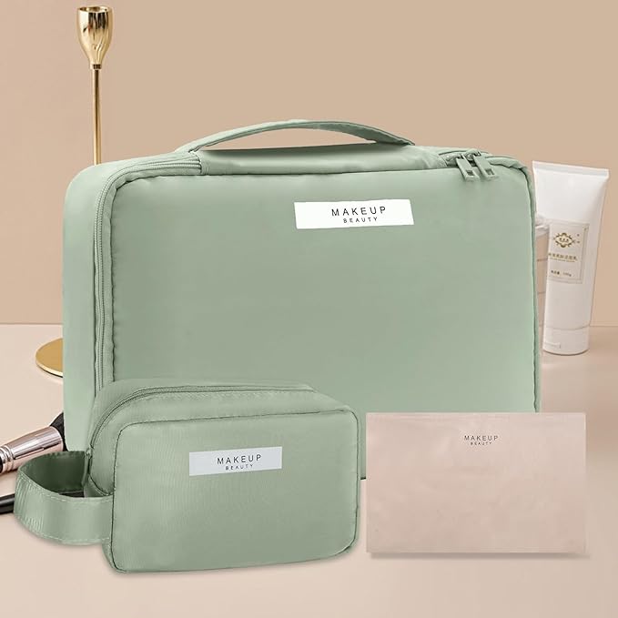 Queboom Travel Makeup Bag Cosmetic Bag Makeup Bag Toiletry bag for women and men (Green-3pcs)