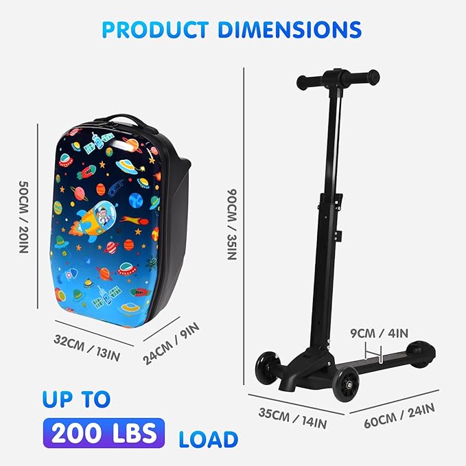 smilesun 4-in-1 Detachable Scooter Luggage for Kids & Teens, Foldable Hardside Ride On Suitcase with Wheels, Stylish and Safe Design(Navy)