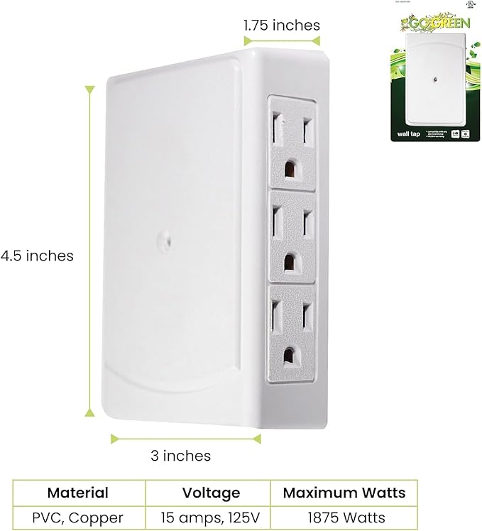 Go Green Power Inc. 6-Outlet Side Mount Wall Tap Adapter, White - Unique Space-Saving Design, Heavy Duty, Versatile - Perfect for Tight Spaces and Home Use - GG-16000TSM