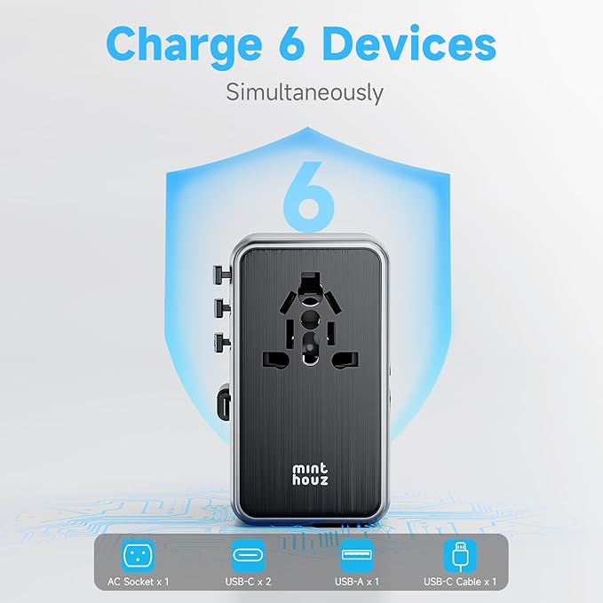 Minthouz Universal Travel Adapter, International 100W Power Adapter GaN Fast Charger with 2 USB-C PD, 1 USB-C Cable &A Ports, All-in-One Portable AC Power Plug Adapter for USA EU UK AUS