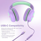 Voopwink Kids Headphones Wired with Microphone, USB Type C Headphones for Kids Girls Boys with Cord/LED Lights/85/94dB Volume Limit, Portable Over Ear Headphones for School/Travel/Tablet/iPad
