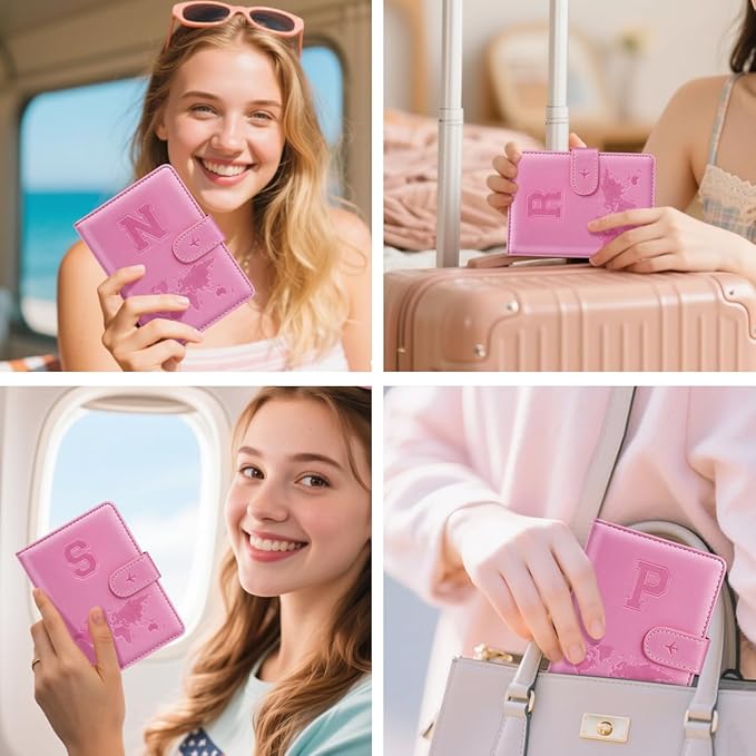 Personalized P Passport Holder Cover Initial Letter Travel Wallet RFID Blocking Passport Cover Credit Card Holder Case Passport Book Holders for Women and Men, Pink-p