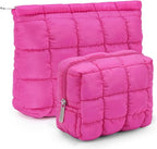 Huhumy 2 Pcs Puffy Makeup Bag Quilted Cosmetic Pouch for Women Cute Checkered Travel Toiletry Bag Puffer Makeup Organizer Purse Pouch Preppy Pencil Case with Zipper(Hot Pink)