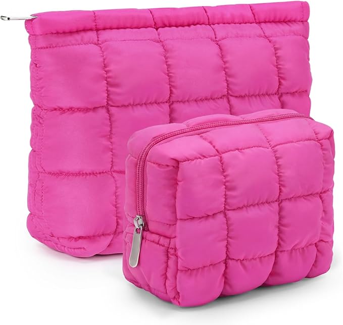 Huhumy 2 Pcs Puffy Makeup Bag Quilted Cosmetic Pouch for Women Cute Checkered Travel Toiletry Bag Puffer Makeup Organizer Purse Pouch Preppy Pencil Case with Zipper(Hot Pink)