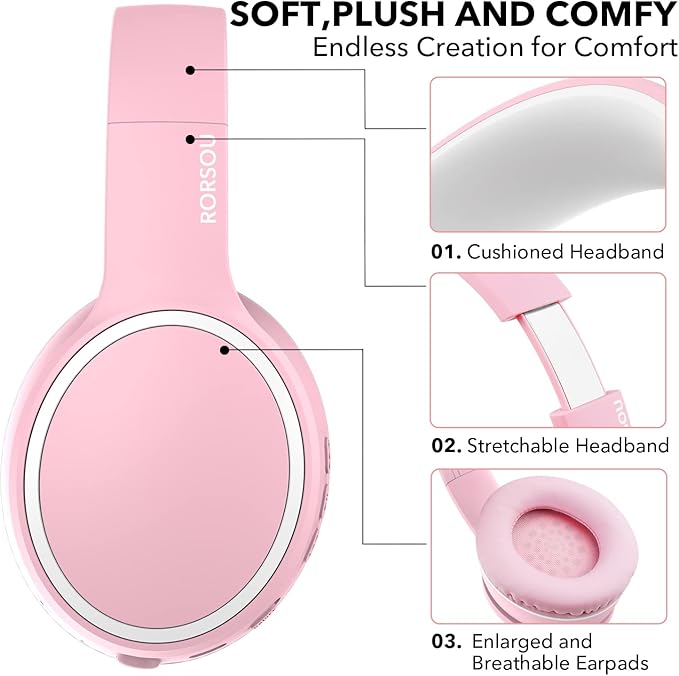 B10 Wireless Over-Ear Headphones, Lightweight Folding Stereo Bass Bluetooth Headset with Mic, 50H Playtime, Volume Control, Bluetooth 5.3 Headphones for iPad/Travel/Tablet/PC (Pink)