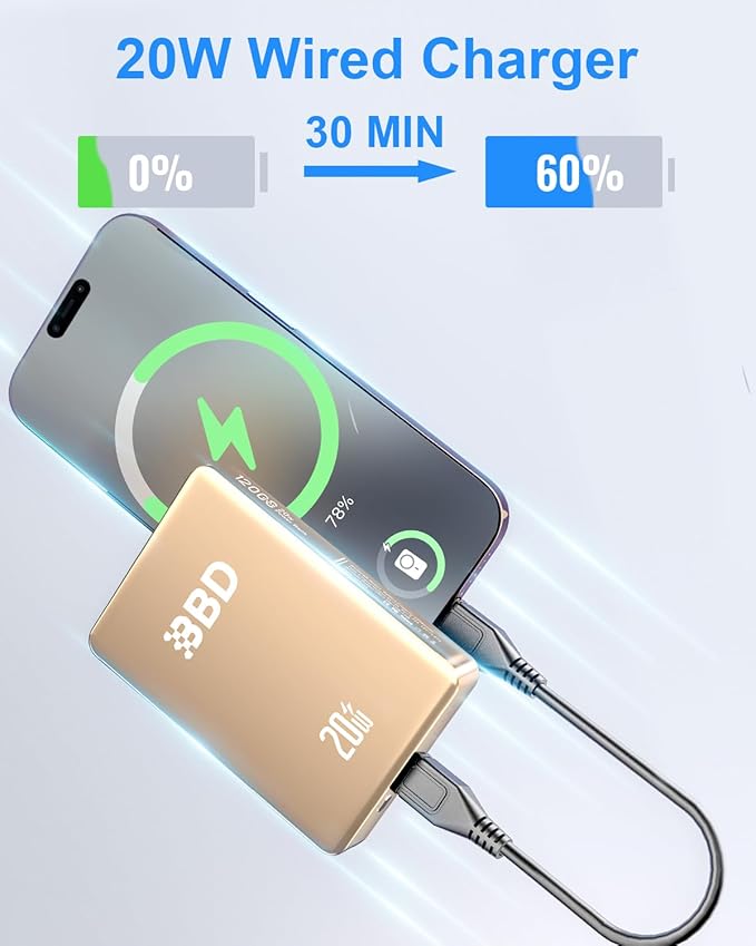 BBD 12000mAh Magnetic Portable Charger Power Bank for iPhone,1 Pack 20w Fast Charging Wireless Power Bank with USB C Cable in&Out Put Magsafe Battery Pack for iPhone 16 15 14 Magsafe Accessories Gold
