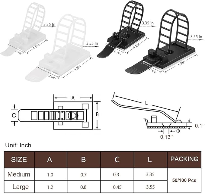 100Pcs Adhesive Cable Management Clips with 50Pcs Zip Ties, Adjustable Nylon Cable Strap Ties Wire Clips Clamps Organizer with Strong Adhesive Tape, Extra Screw & Hole - 3.55 Inch Black