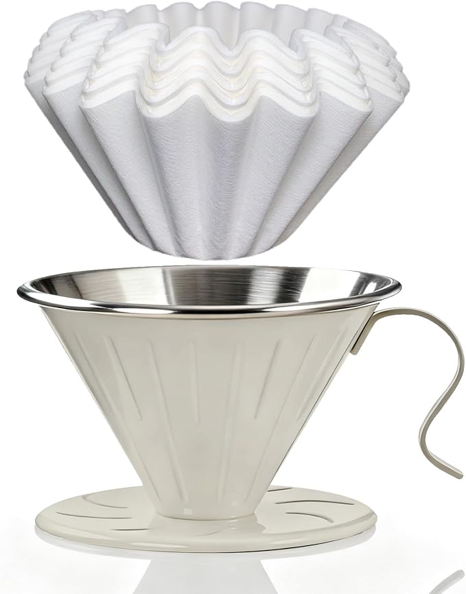 AGOGO V60 Coffee Dripper - Unbreakable 304 Stainless Steel Pour Over Cone for Travel & Camping, Includes 50 Paper Filters & Barista Towel - Cream White