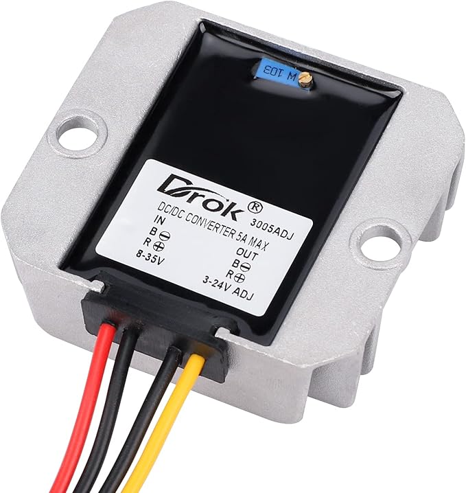 DROK Adjustable Voltage Regulator, IP68 Waterproof DC to DC Buck Converter 8-35V to 3-24V 5A, Aluminum Protective Case Step Down Converter 5V 12V Power Supply