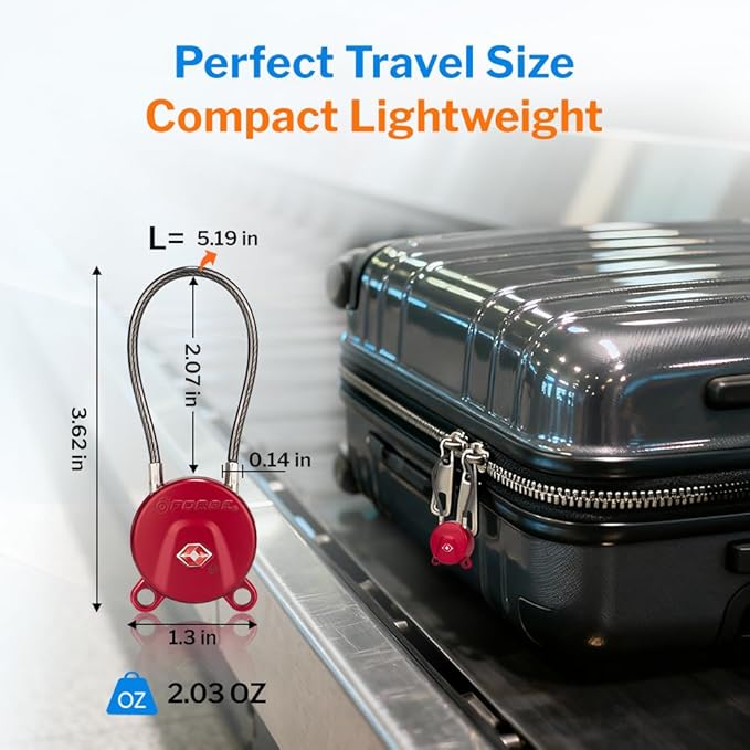FORGE TSA Approved Luggage Locks Keyed Alike, TSA006 Dimple Key Cable Locks for Luggage, All Metal Zinc Alloy Travel Padlock for Suitcase, Backpack, and More, 2 Locks Red.