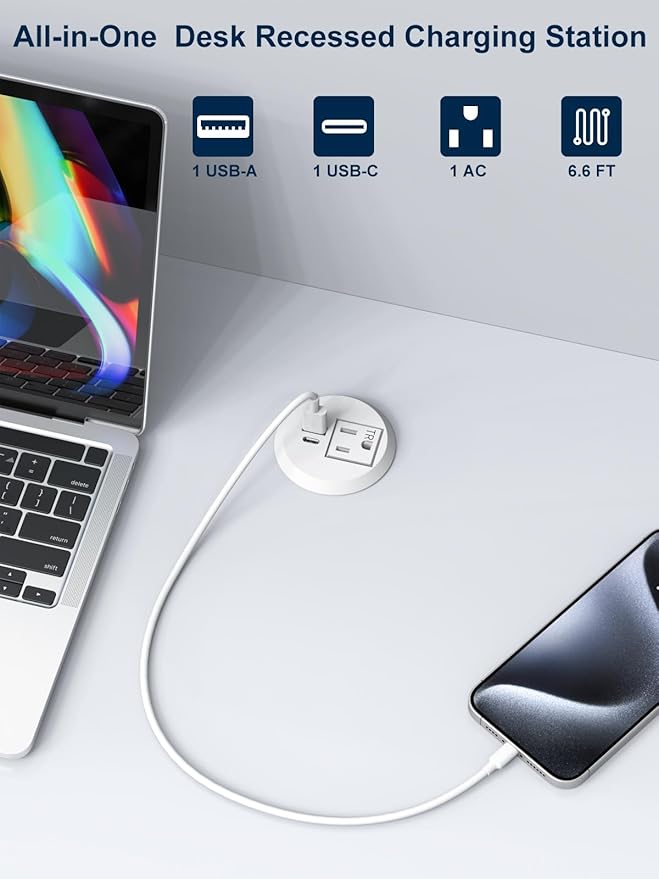 Recessed Desktop Power Grommet 2 inch with USB-C Ports,Tamper-Resistant Design AC Outlets,Round Desk Hole Outlets Conference Outlet for Home Office(White)